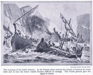 Slag bij Salamis: Toen de Perzische schepen de zeestraten van Salamis binnenvoeren, waaide de wind en werden ze moeilijk te beheersen, c.1950