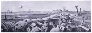 Gasaanval op de loopgraven van de 2e Lancashire Fusiliers waarbij soldaat Lyn zijn leven verloor maar het VC won. Ieper april 1915