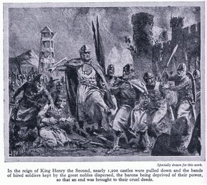 In het bewind van koning Hendrik II werden bijna 1200 kastelen afgebroken, waardoor de baronnen hun macht verloren, c.1950 door John Harris Valda