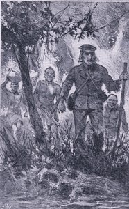 Livingstone schoot op de leeuw, maar de leeuw viel hem aan, beet in zijn schouder en brak zijn linkerarm, Newnes Pictorial Knowledge uitgegeven door Newnes, c.1950