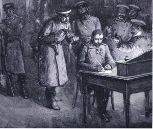Prins Alexander ondertekent zijn abdicatie 1886, illustratie uit Hutchinsons History of the Nations VOL 4 c.1920s