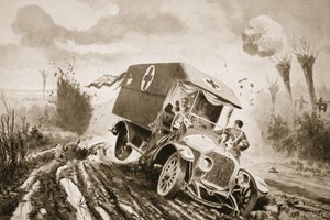 Soldaat Adams gaat de gewonden helpen in een motorambulance die in een granaatgat was gereden terwijl hij onder vuur lag