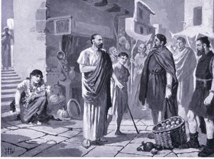 Romeinse kolonisten handelen met inheemse Daciërs, illustratie uit Hutchinsons History of the Nations VOL 4 c.1920s door John Harris Valda