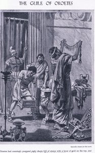 De list van Oroetes: acht kisten met stenen met een laag goud erop, getoond aan de boodschapper van Polycrates, ca. 1950 door John Harris Valda