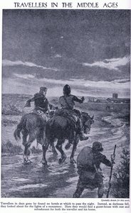 Reizigers in de middeleeuwen. Wanneer de duisternis viel, zochten reizigers naar de lichten van een klooster, c.1950 door John Harris Valda