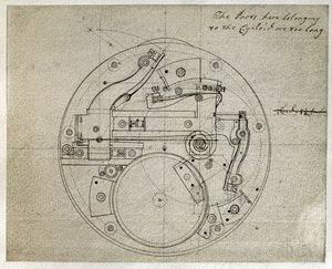 Tekening van de lay-out van de beweging van de H4 tijdmeter door John Harrison (1693-1776), c.1759