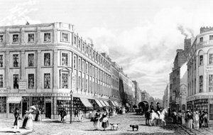 Market Street vanaf de Markt, Manchester, gegraveerd door Frederick James Havell, 1829