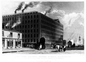 De Twistfabriek, Oxford Street, Manchester, gegraveerd door John McGahey, 1829 door John Harwood