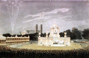Vuurwerkshow gehouden in Green Park ter viering van de nederlaag van Napoleon, gegraveerd door Matthew Dubourg, uitgegeven 1814