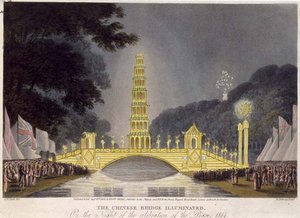 De Chinese brug verlicht op de avond van de viering van de vrede
