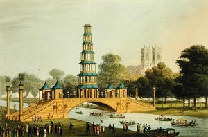 De Chinese brug en pagode, opgericht in het park ter herdenking van de Glorieuze Vrede van 1814, gegraveerd door Matthew Dubourg