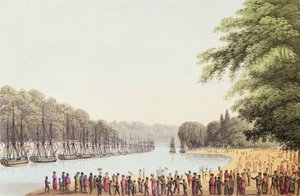 De vloot op de Serpentine River, gegraveerd door Matthew Dubourg (fl.1813-20) 1814 door John Heaviside Clark