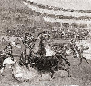 een stierengevecht in Sevilla, Spanje, uit The Century Illustrated Monthly Magazine, gepubliceerd 1884 door John Henry Ellsworth Whitney