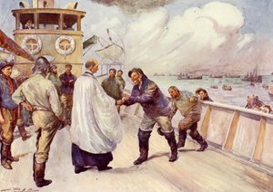 Vissers van de Noordzee vissersvloot verzamelen voor aanbidding door John Henry Frederick (after) Bacon