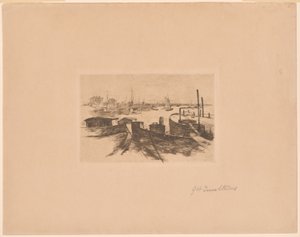 Haven met binnenvaartschepen door John Henry Twachtman