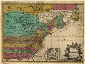 Een kaart van de Britse en Franse nederzettingen in Noord-Amerika. LOC 77690484 door John Hinton