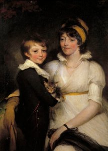 Jonge vrouw en kleine jongen met een kat Schilderij door John Hoppner (1758-1810)
