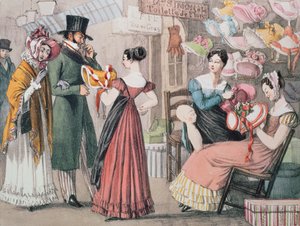 Bij de modewinkel, gedrukt door Charles Joseph Hullmandel, uitgegeven door Rodwell en Martin door John James Chalon