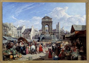 Le marché et la Fontaine des Innocents in Parijs door John James Chalon