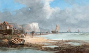 Zeegezicht met vissersboten en een huis door John James Wilson