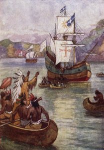 De schepen van de Franse ontdekkingsreiziger Jacques Cartier op de St. Lawrence-rivier, Canada door John Jellicoe