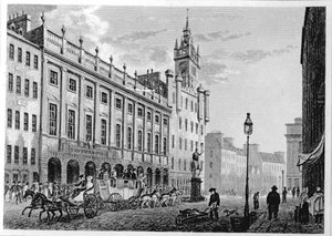 Uitzicht op het stadhuis, beurs, Glasgow, gegraveerd door Joseph Swan, 1828 door John Knox