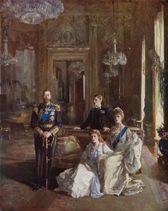 Koning George V, koningin Mary, de prins van Wales en prinses Mary in de Witte Tekenzaal, Buckingham Palace, Londen, 1913 door John Lavery
