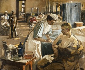 De eerste gewonde, London Hospital door John Lavery