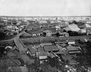 Uitzicht op Yokohama in Japan (zwart-wit foto) door John Lawson Stoddard