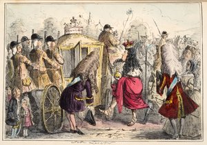 Georgey Porgey de Eerste gaat uit rijden in zijn staatskoets, uit The Comic History of England, uitgegeven 1864 (handgekleurde ets)