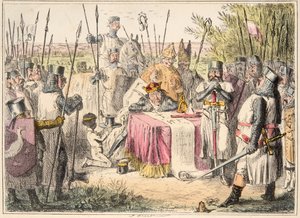 Koning Jan ondertekent de Magna Carta, uit The Comic History of England, uitgegeven 1864 (handgekleurde ets)