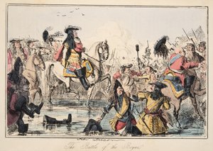 De Slag aan de Boyne, uit The Comic History of England, uitgegeven 1864 (handgekleurde ets) door John Leech