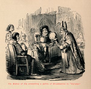 De bisschop van Ely presenteert een mandje aardbeien aan Gloster door John Leech