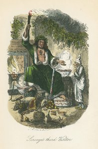 De Geest van Kerstmis Tegenwoordig verschijnt aan Scrooge. Illustratie door John Leech (1817-64) voor Charles Dickens