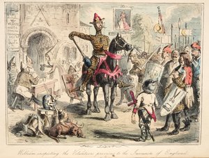Willem de Veroveraar inspecteert de vrijwilligers voorafgaand aan de invasie van Engeland, uit The Comic History of England, uitgegeven 1864 (handgekleurde ets)
