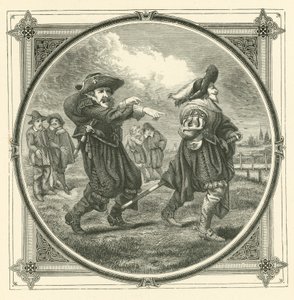 De gebochelde ziet zijn eigen bult niet, maar hij ziet die van zijn buurman (gravure)