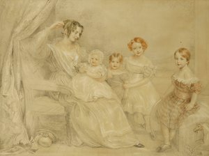Portret van Mevrouw W.S. Fry en haar Vier Kinderen: Emma, Willy, Julie en Georgina, Zittend in een Interieur, 1840
