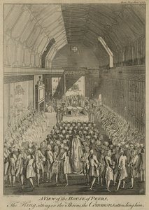 Een uitzicht op het Hogerhuis met de koning op de troon, de Commons die hem bijwonen door John Lodge