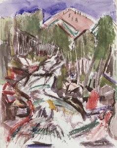 Blauwe lucht, bergsparren en de Roaring Hondo door John Marin