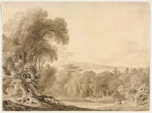 Figuren zittend bij een meer in een bebost landschap, 1820