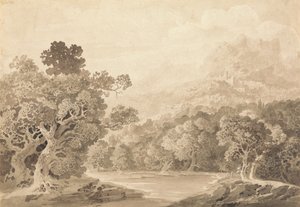 Bosrijke rivierbank, heuvelstad en bergtoppen in de verte door John Martin