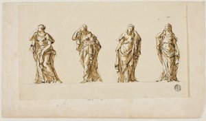 Ontwerp voor een grafmonument: Vier gedrapeerde rouwende vrouwenfiguren