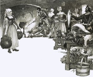 Koken boven open vuur in een Elizabethaanse keuken door John Millar Watt