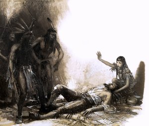 Pocahontas grijpt in om het leven van kapitein Smith te redden (gouache op papier)