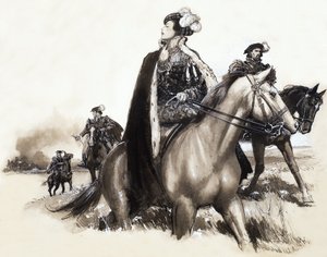Ongeïdentificeerde koningin verlaat rokende stad onder escorte door John Millar Watt