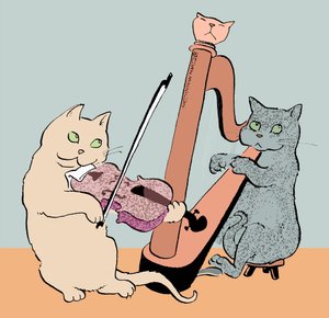 Karikatuur van twee katten die harp en altviool spelen
