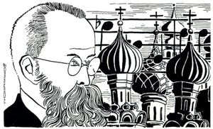 Rimsky Korsakov portret (Rusland achtergrond van kerkkoepels) Russische componist ( 1844-1908 )