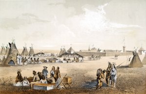 Fort Union, en distributie van goederen aan de Assiniboins, uitgegeven 1860 door John Mix Stanley