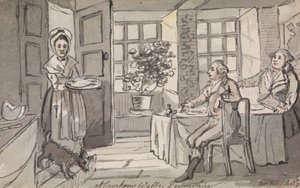 Figuren zittend aan een tafel die eten geserveerd krijgen, Crockem Wells, Devonshire