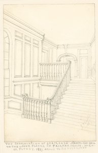 De voortzetting van de trap, van de hal naar de bovenverdiepingen, van Fairfax House, High Street, Putney, 1887